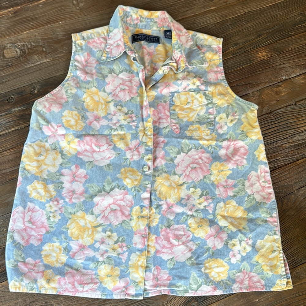 Vintage Karen Scott cotton pale floral rose sleeveless top EVC size M